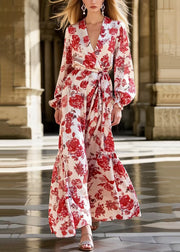 Red Flower Print Draping Ice Silk Shirt Dress Tie Waist Spring