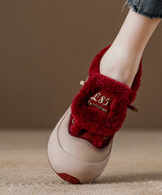 Red Fuzzy Wool Lined Splicing Platform Flat Shoes Women