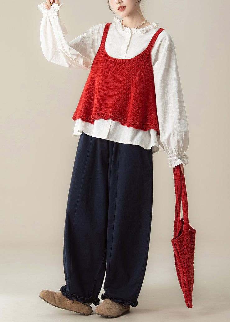 Red Hollow Out Knit Vest White Shirts And Navy Ruffled Pants Cotton Three Pieces Set