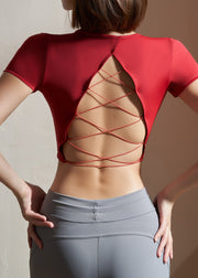 Red Hollow Out Solid Workout Yoga Top