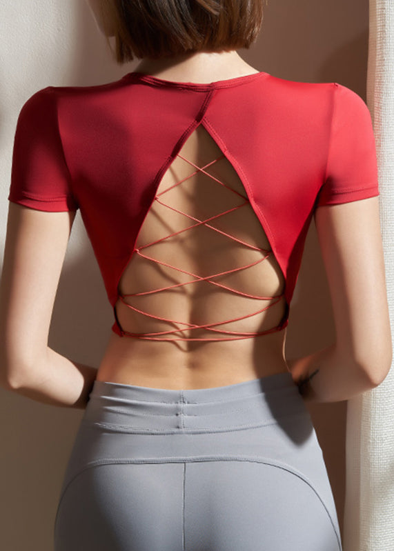 Red Hollow Out Solid Workout Yoga Top