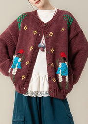 Red Jacquard Cozy Oversized Knit Fall Coat O Neck