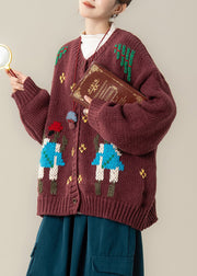 Red Jacquard Cozy Oversized Knit Fall Coat O Neck