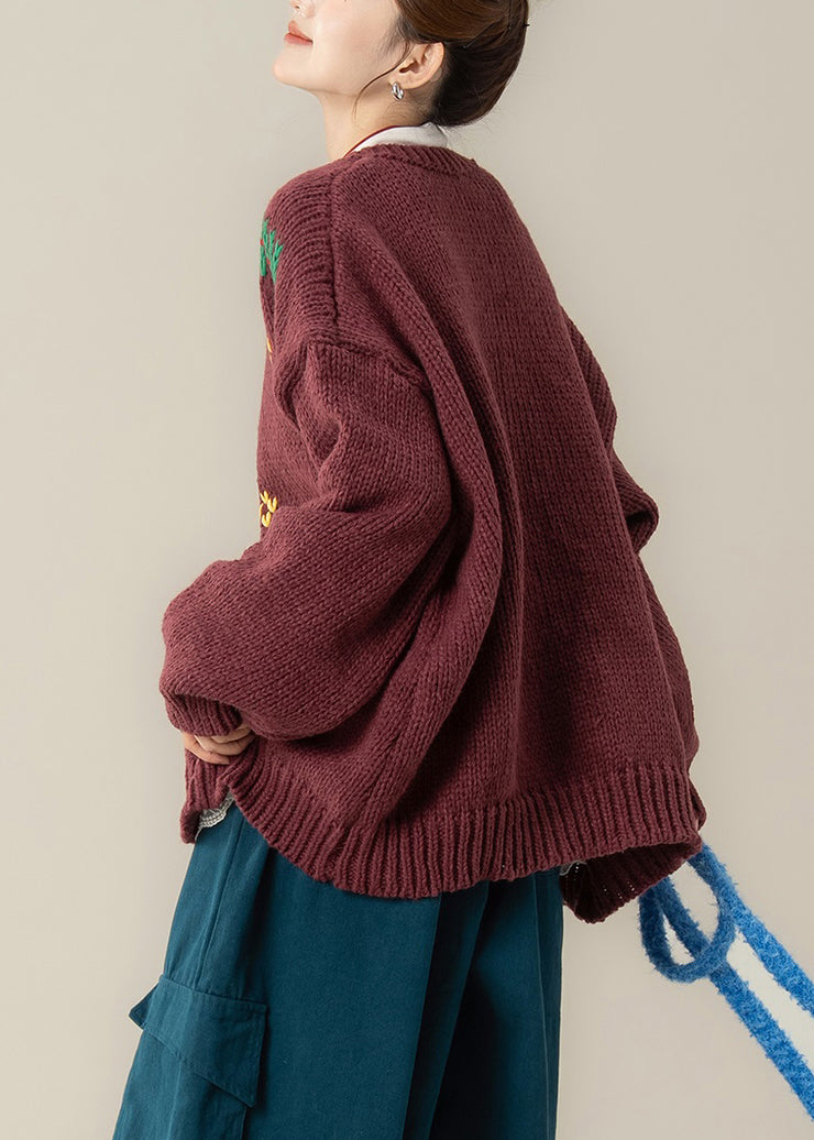 Red Jacquard Cozy Oversized Knit Fall Coat O Neck