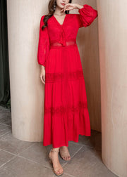 Red Lace Up Hollow Out Maxi Dresses V Neck Fall