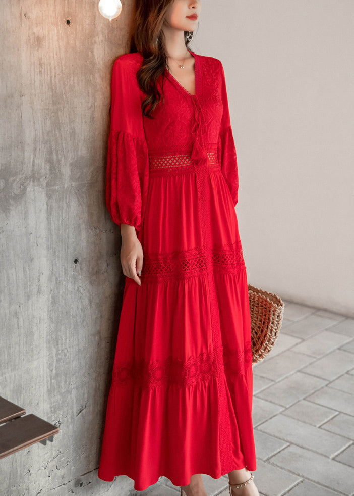 Red Lace Up Hollow Out Maxi Dresses V Neck Fall