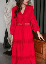 Red Lace Up Hollow Out Maxi Dresses V Neck Fall