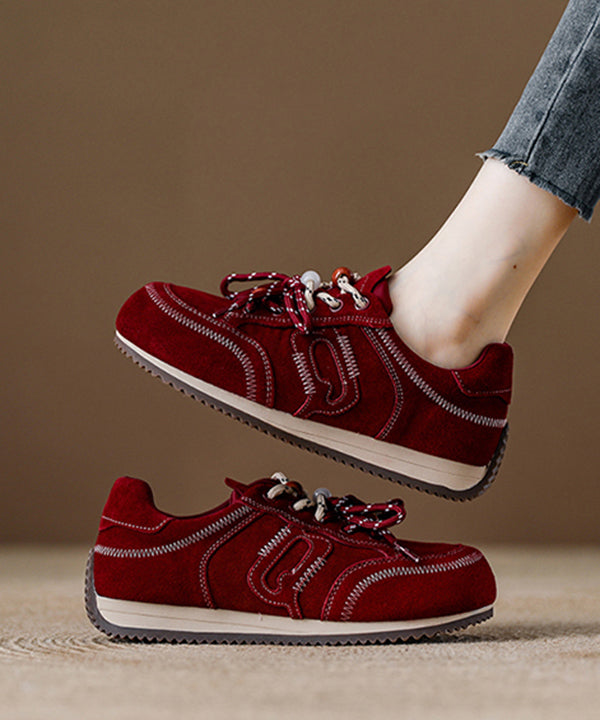Red Lace Up Platform Suede Casual Splicing Flats