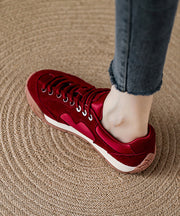 Red Lace Up Platform Suede Women Splicing Flats