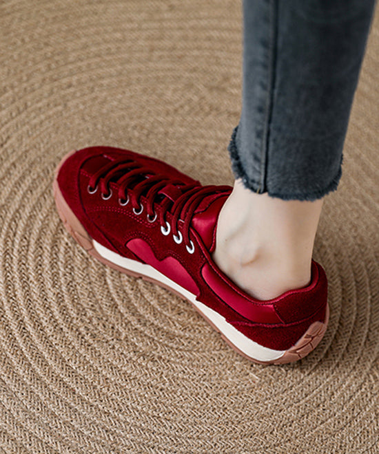 Red Lace Up Platform Suede Women Splicing Flats