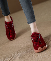 Red Lace Up Platform Suede Women Splicing Flats