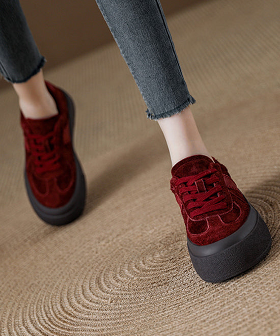 Red Lace Up Suede Splicing Casual Platform Flat Shoes