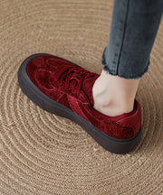 Red Lace Up Suede Splicing Casual Platform Flat Shoes