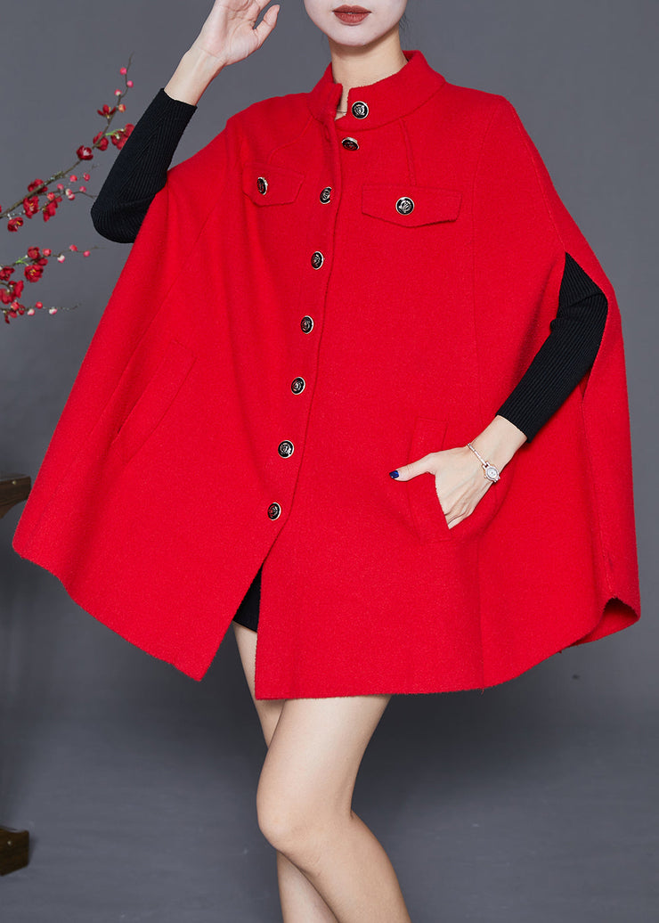 Red Oversized Woolen Coats Metal Buttons Cloak Sleeves