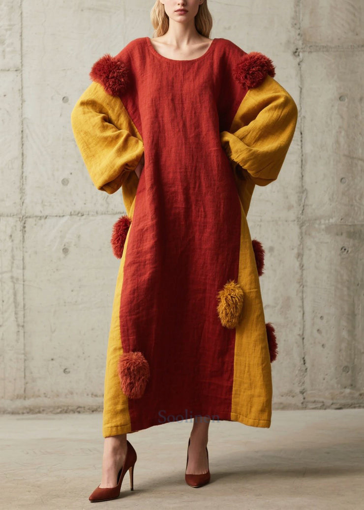 Red Patchwork Cotton Maxi Dress Oversized Fuzzy Ball Decorated  Fall