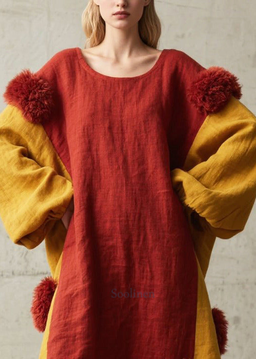 Red Patchwork Cotton Maxi Dress Oversized Fuzzy Ball Decorated  Fall