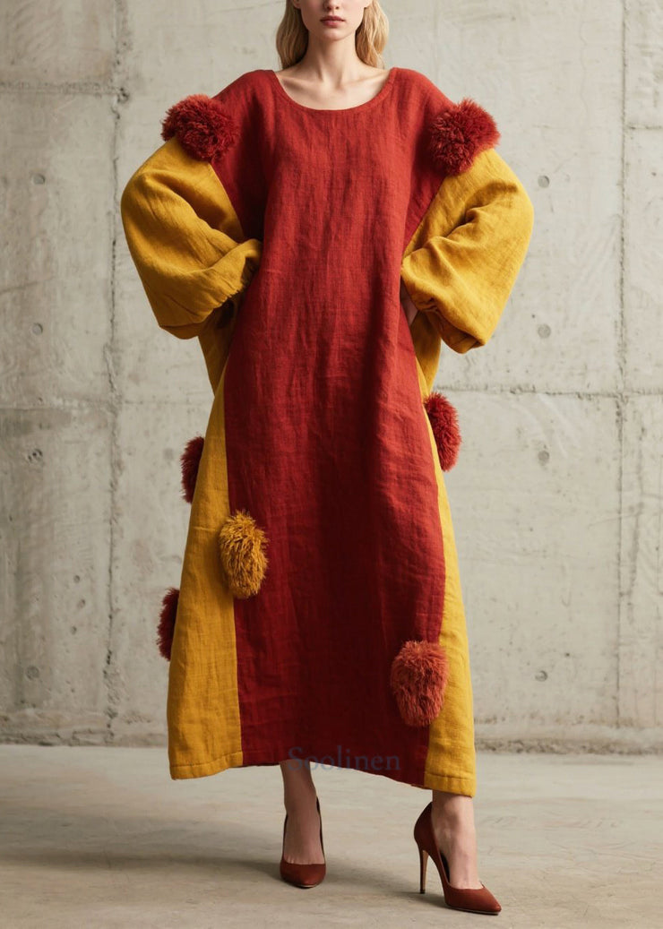 Red Patchwork Cotton Maxi Dress Oversized Fuzzy Ball Decorated  Fall