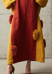 Red Patchwork Cotton Maxi Dress Oversized Fuzzy Ball Decorated  Fall
