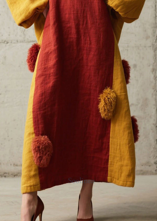 Red Patchwork Cotton Maxi Dress Oversized Fuzzy Ball Decorated  Fall