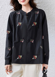 Red Patchwork Cotton Oriental Tops Embroidered Fall
