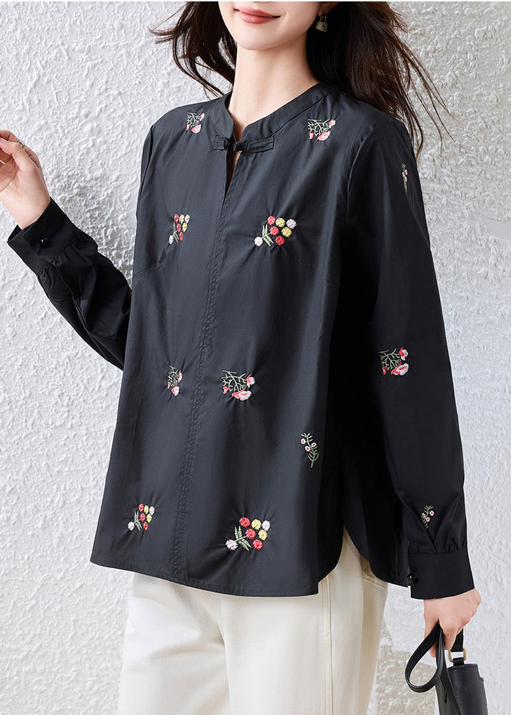 Red Patchwork Cotton Oriental Tops Embroidered Fall