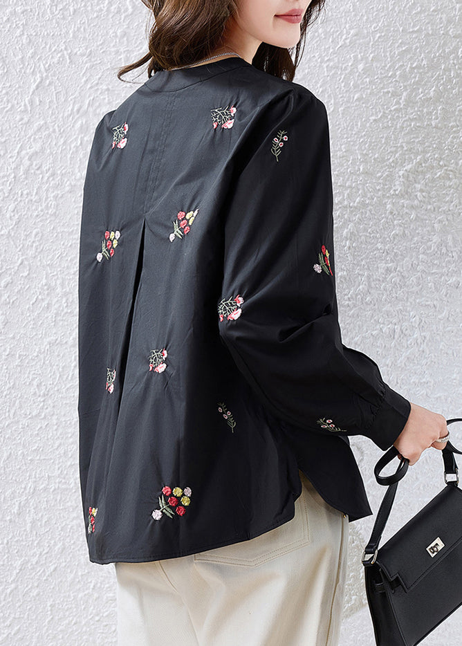 Red Patchwork Cotton Oriental Tops Embroidered Fall