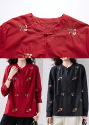 Red Patchwork Cotton Oriental Tops Embroidered Fall