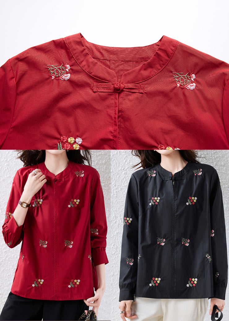 Red Patchwork Cotton Oriental Tops Embroidered Fall