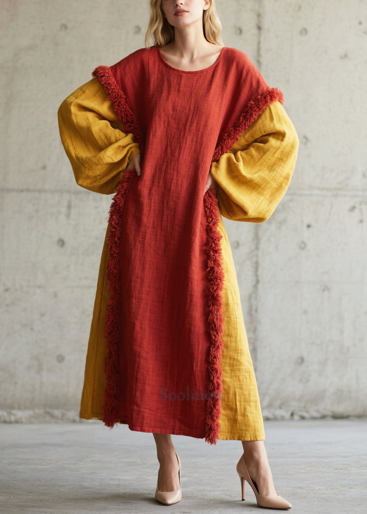 Red Patchwork Faux Fur Cotton Long Dress Oversized Fall