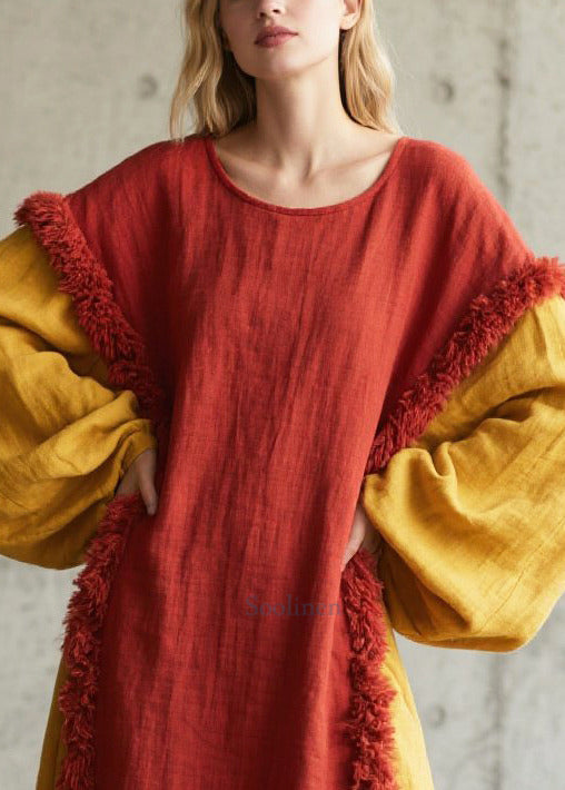 Red Patchwork Faux Fur Cotton Long Dress Oversized Fall