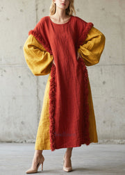Red Patchwork Faux Fur Cotton Long Dress Oversized Fall
