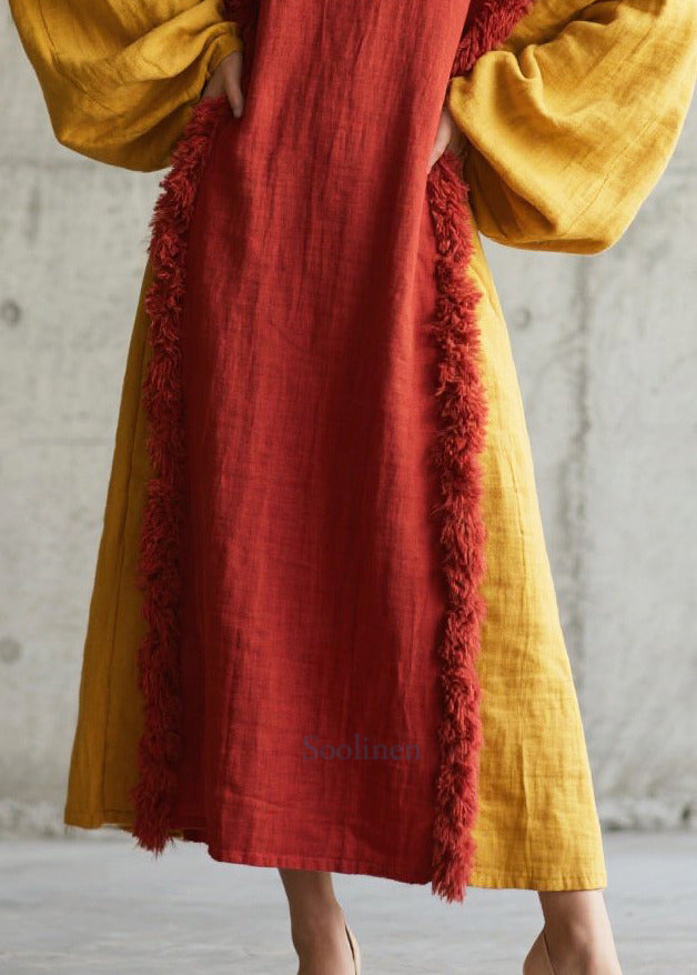 Red Patchwork Faux Fur Cotton Long Dress Oversized Fall
