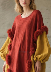 Red Patchwork Long Dress Oversized Fuzzy Ball Decorated Fall