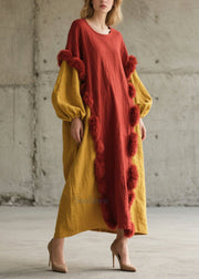 Red Patchwork Long Dress Oversized Fuzzy Ball Decorated Fall