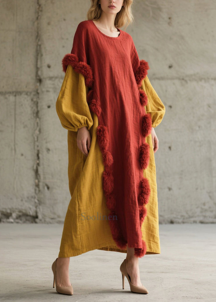 Red Patchwork Long Dress Oversized Fuzzy Ball Decorated Fall