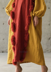 Red Patchwork Long Dress Oversized Fuzzy Ball Decorated Fall