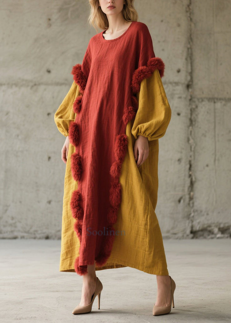 Red Patchwork Long Dress Oversized Fuzzy Ball Decorated Fall