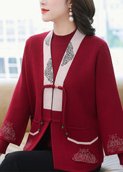 Red Patchwork Pockets Cotton Knit Coats And Sweaters Two Piece Set Three Quarter Sleeve