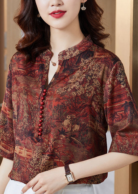 Women Brown Stand Collar Button Print Patchwork Silk Blouse Top Summer