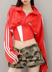 Red Patchwork Spandex Coats Back Cross Strap Fall