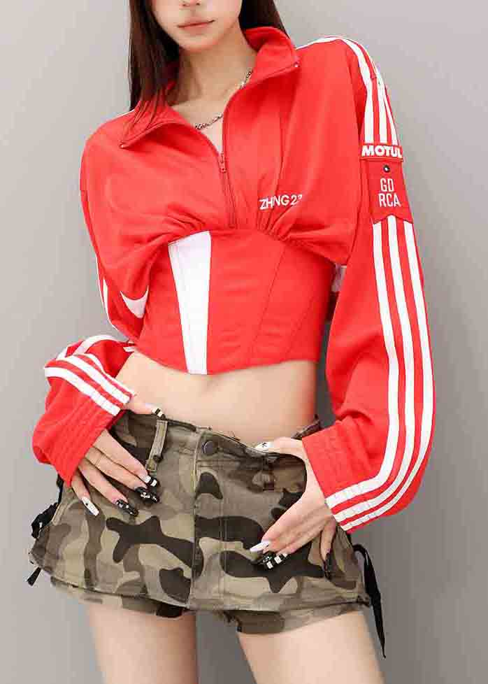 Red Patchwork Spandex Coats Back Cross Strap Fall