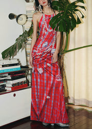 Red Pearl Print Silm Fit Holiday Dress Backless Summer