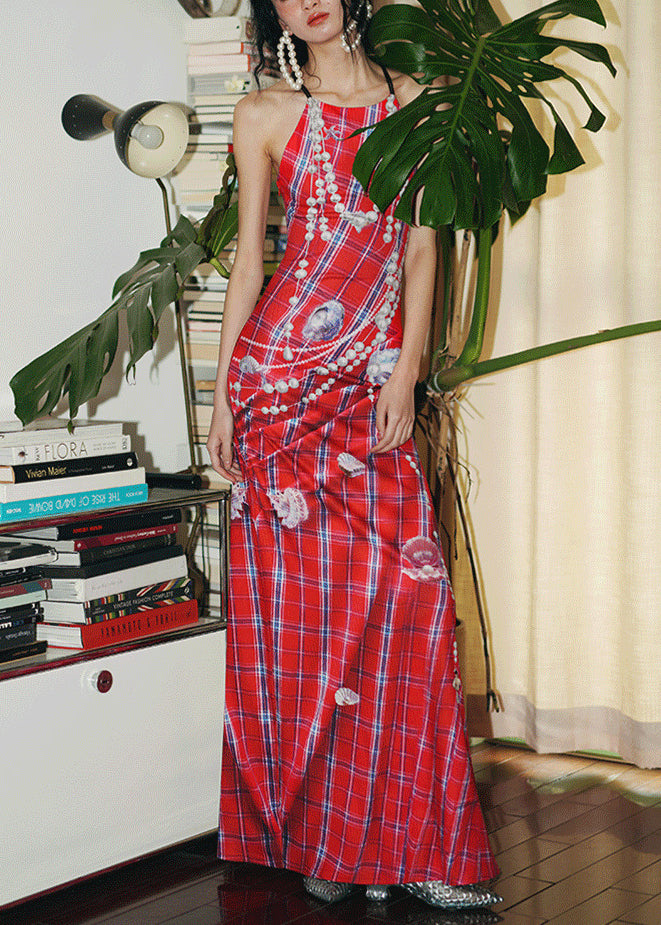 Red Pearl Print Silm Fit Holiday Dress Backless Summer