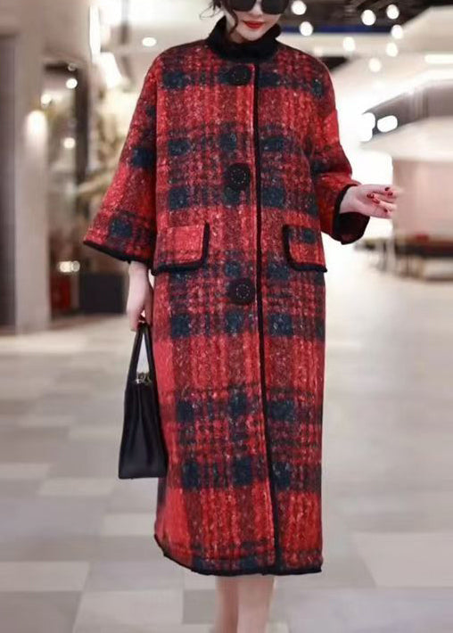 Red Plaid Pockets Woolen Winter Coat O Neck