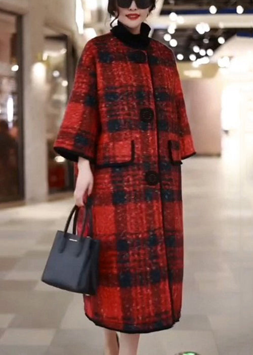 Red Plaid Pockets Woolen Winter Coat O Neck