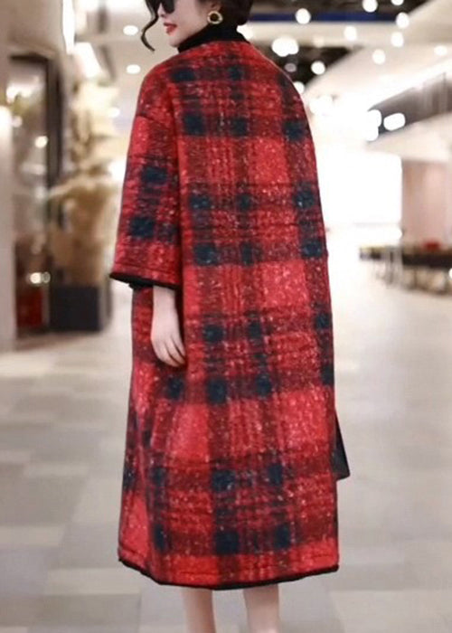 Red Plaid Pockets Woolen Winter Coat O Neck