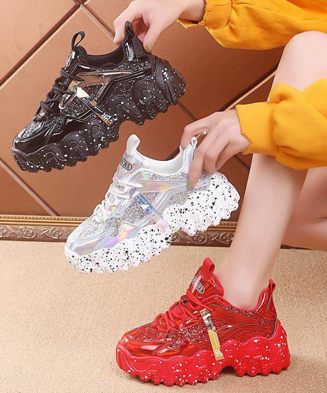 Red Platform Shoes Cowhide Leather Women Splicing Lace Up