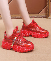 Red Platform Shoes Cowhide Leather Women Splicing Lace Up