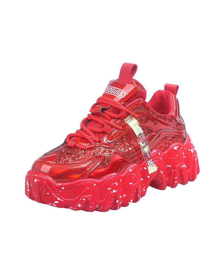 Red Platform Shoes Cowhide Leather Women Splicing Lace Up