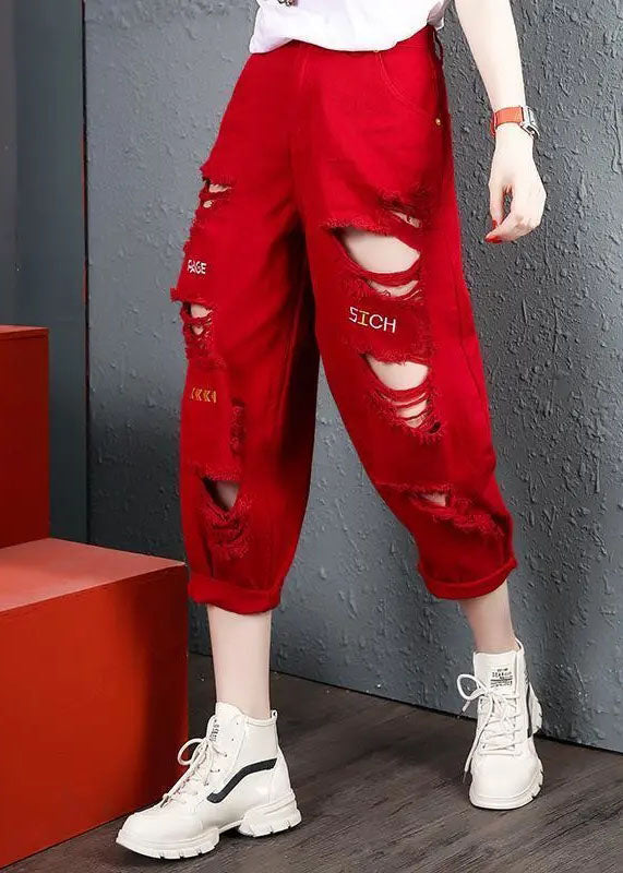 Red Pockets Cotton Crop Pants Letter Embroideried Hole Summer